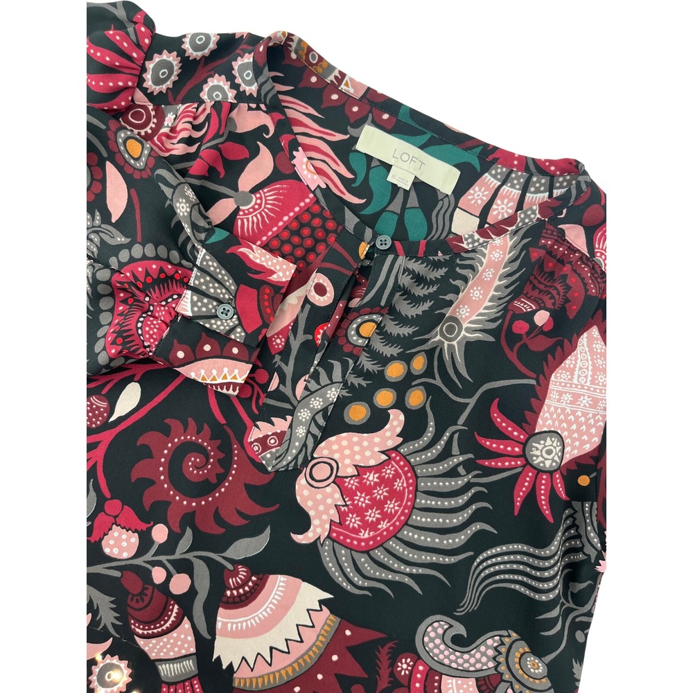 LOFT Womens XS Long Sleeve Medallion Print Split Neck Blouse Pink Burgundy Black